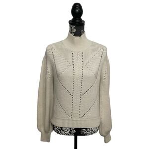 French Connection Mock Neck Openwork Knit Balloon Sleeve Sweater Cream - Size XS